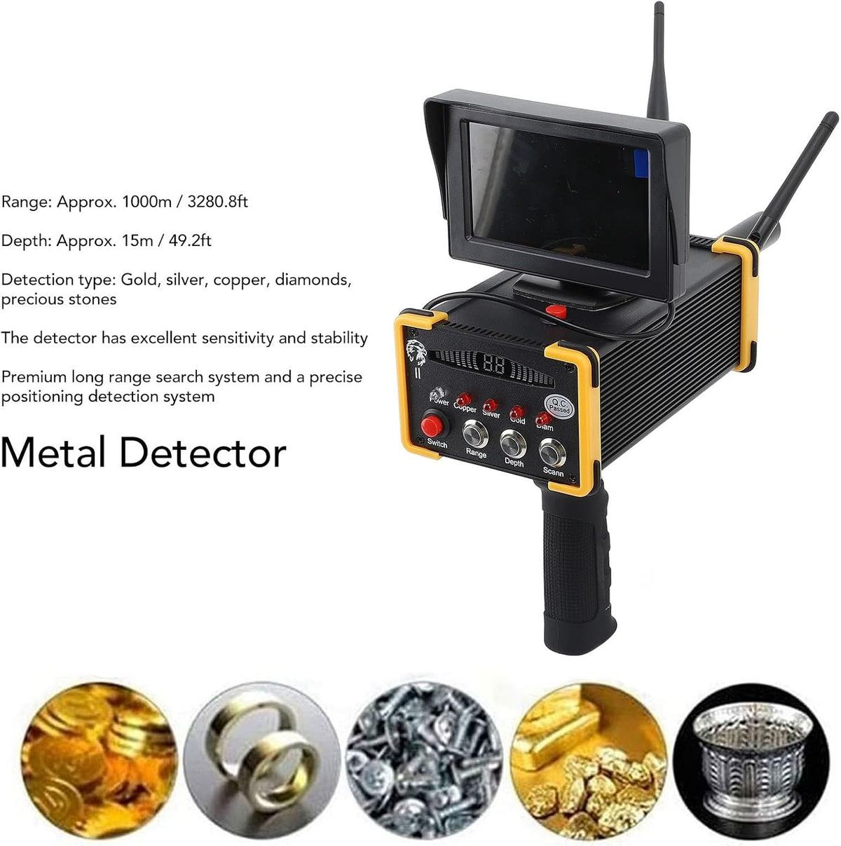 Ciciglow Draagbare metaaldetector, zeer nauwkeurige, goud- en zilverdetector met scherm voor metaaldetectie (EU-stekker 100-240 V)