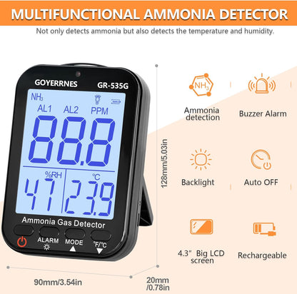 Ammoniak gasdetector 535G NH3 gasdetector continue bewaking sensor meetbereik 0-100 ppm alarm LCD-display achtergrondverlichting functie temperatuur luchtvochtigheid oplaadbaar