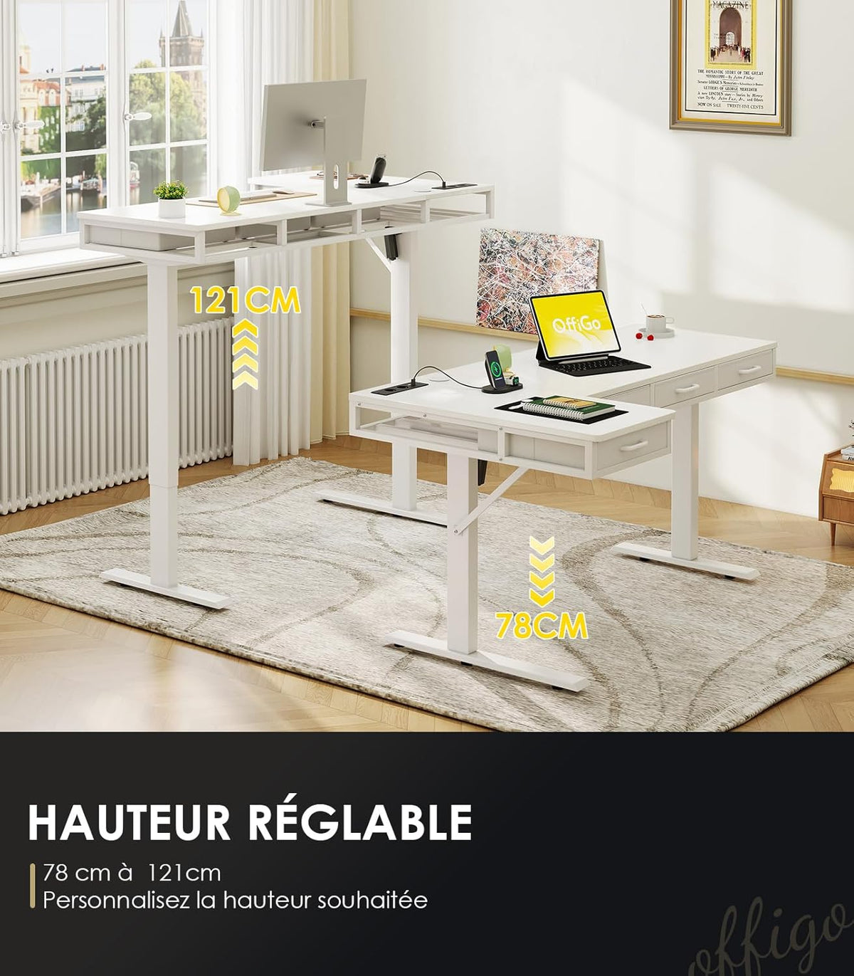 Verstelbaar Hoekbureau – Elektrisch Bureau – Zit Sta Bureau – L-vormig Bureau – Hoekbureau Met Opberglades – Elektrische Hoogteverstelling 72-118 cm – Ingebouwde Stopcontacten En USB-poort