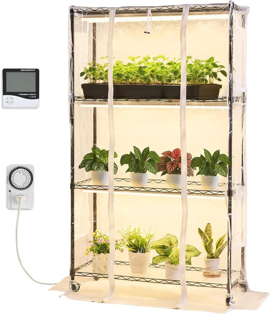 VEVOR Indoor Greenhouse with Grow Lights, Plant Stand with 4 Levels, Display Height 150 cm with Transparent Cover, Timer and Hygrometer, 180 W Full Spectrum Attachment Lights - QUORE