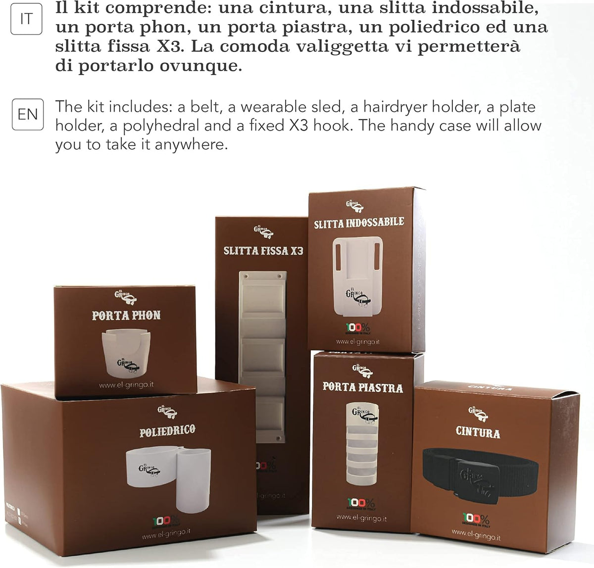 EL GRINGO KIT, een complete set met een riem, een draagbare slee, een haardrogerhouder, een bordenhouder, een veelvlakkige en een vaste slee x3 en een comfortabele draagtas, resistent, Zwart, Made in Italy