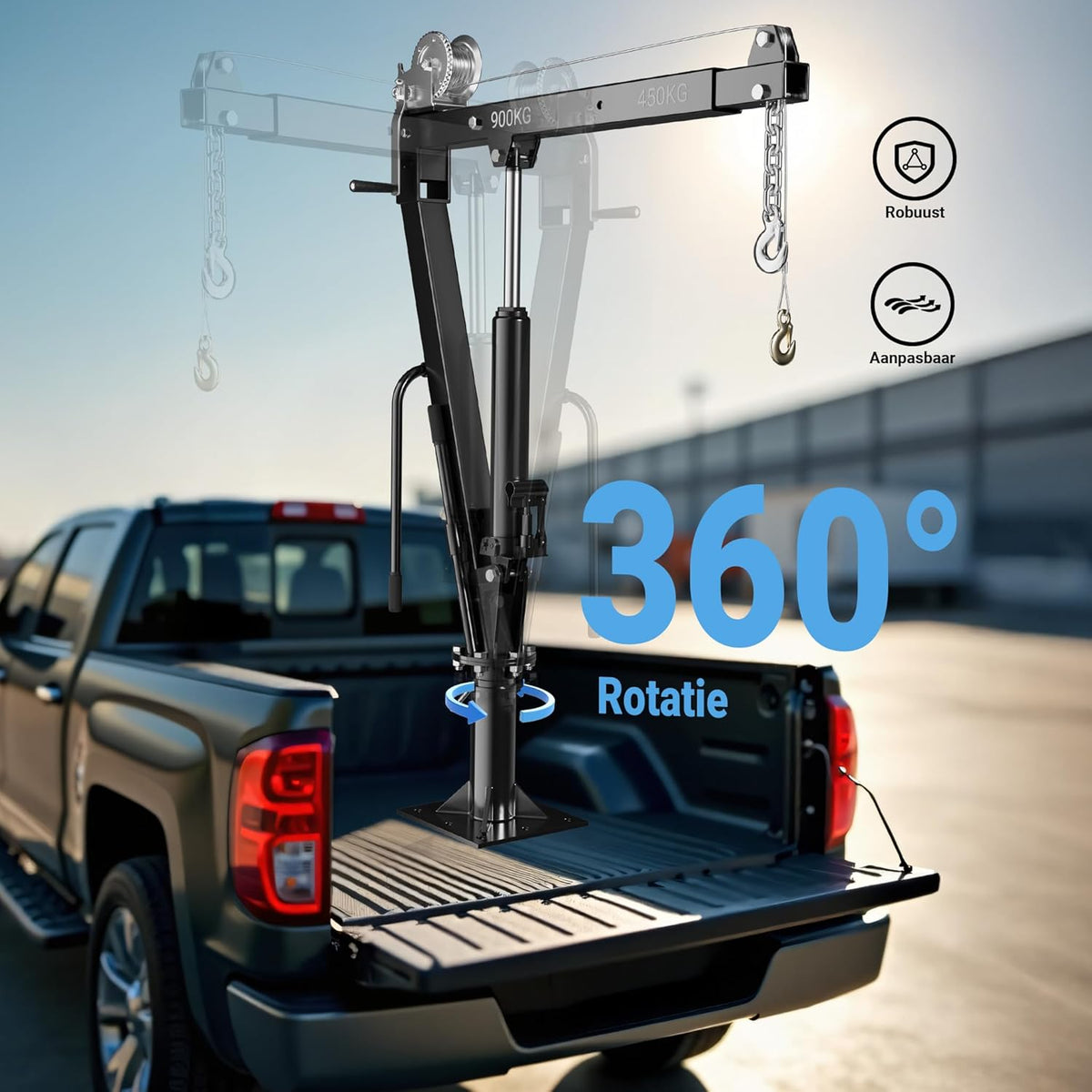 Pick-up kraan 900kg en 360° draaibaar met kabellier, standvoet, inklapbaar