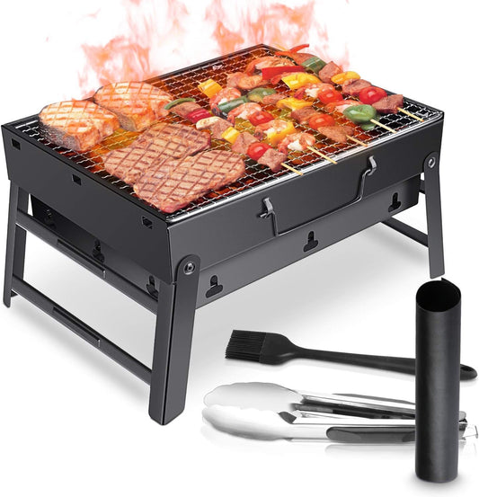 WOSTOO, Draagbare mini opvouwbare grill, BBQ Charcoal Picnic Garden Camping Party Beach Outdoor Barbecue-Black, 35 27 20 cm