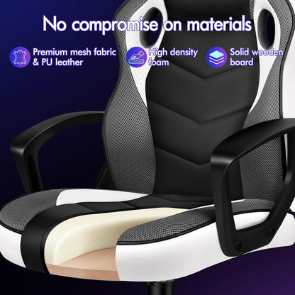ALFORDSON Gamingstoel, PC-computer racestoel, ergonomische draaibare bureaustoel met wielen, gemaakt van PU-leer en stof, wit, voor thuisgebruik, wit