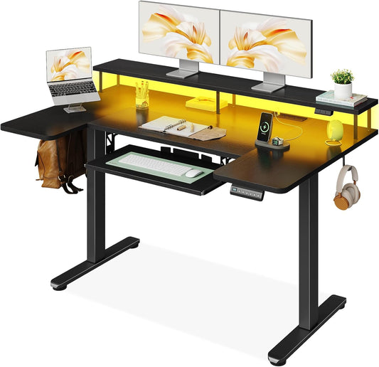 OffiGo U-Shaped Height Adjustable Desk, 140 cm, Electric Standing Table with Monitor Stand, Sockets and USB Charging Port, Standing Desk with LED, Gaming and Office, Computer Table, Black - QUORE