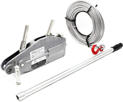 Wiltec kabellier tot 800 kg met 20 meter lange kabel, handmatige lier met staalkabel Ø 8,3 mm, bosbouw kabellier met breekpen en lasthaak