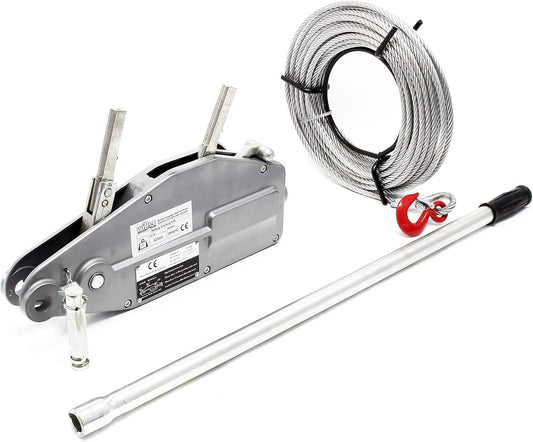 Wiltec kabellier tot 800 kg met 20 meter lange kabel, handmatige lier met staalkabel Ø 8,3 mm, bosbouw kabellier met breekpen en lasthaak