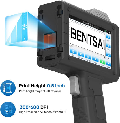 BENTSAI BT-HH6205B draagbare inkjetprinter met 16 uur looptijd voor het afdrukken van batchnummers datums, logo's, serienummers, barcodes en QR op zoals karton, hout, kunststof, metaal