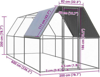 Kippenhok, kippenhok, vrijloopverblijf, kippenhok, kippenren voor kippen, kleine dieren, gevogelte, deur met slot, 2 x 6 x 2 m, verzinkt staal