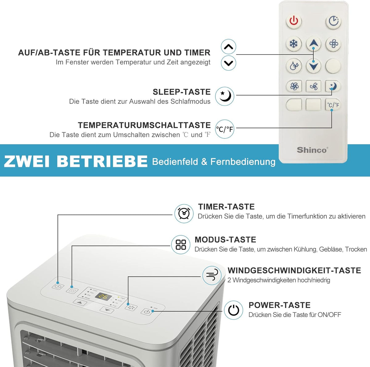 SHINCO 7000BTU Draagbare airconditioning met 3-in-1 functie, airconditioning, luchtontvochtiger, ventilator, slaapmodus, voor maximaal 18 m², 24-uurs timer, 2 raamsets