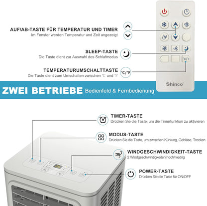SHINCO 7000BTU Draagbare airconditioning met 3-in-1 functie, airconditioning, luchtontvochtiger, ventilator, slaapmodus, voor maximaal 18 m², 24-uurs timer, 2 raamsets