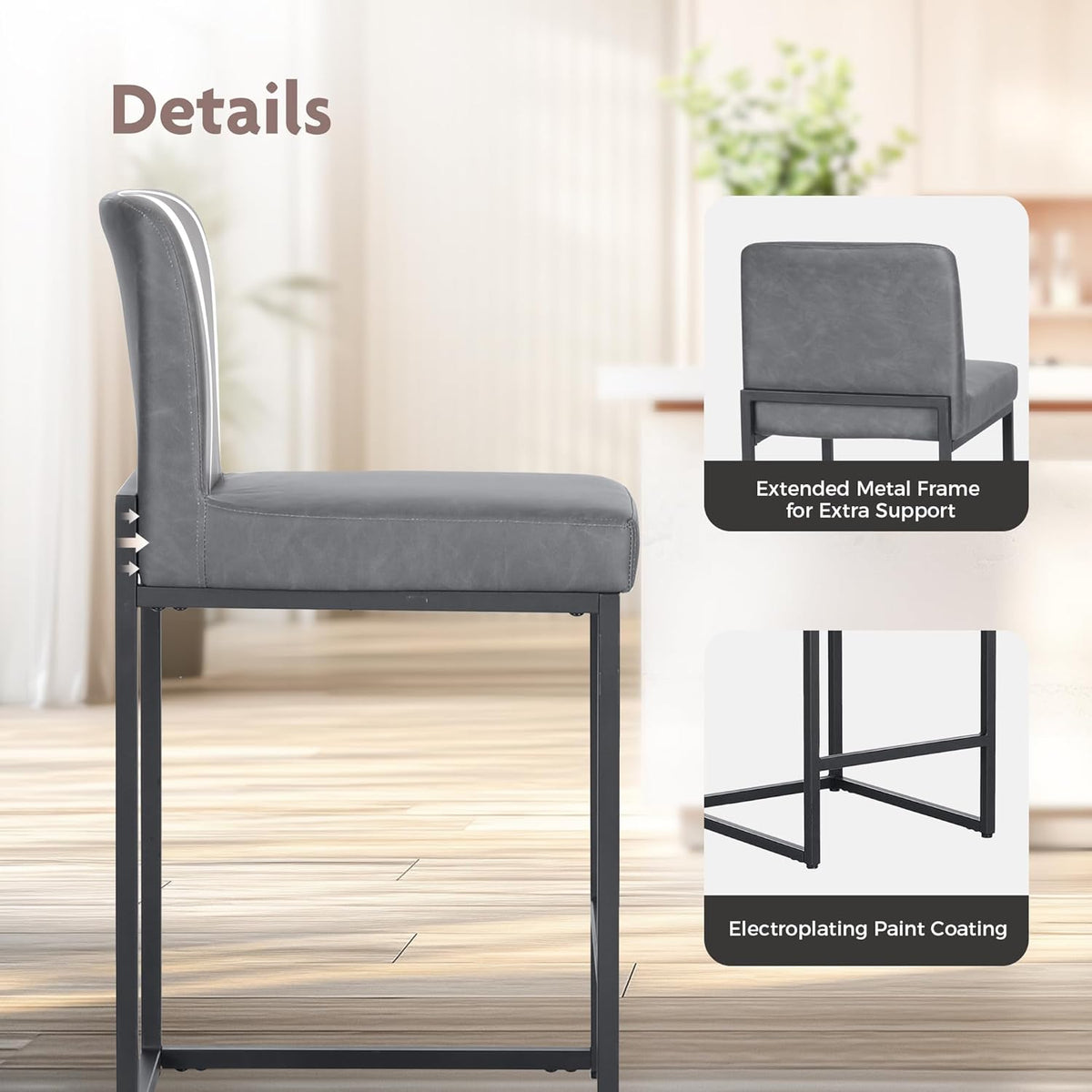 ALPHA HOME Bar Stool Set of 2 Bar Stools with Backrest, PU Leather, Kitchen Stool, Bar Chair, Set of 2 with Footrest, for Countertop, Stable Metal Steel Frame, Grey