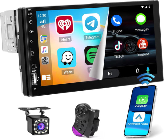 1-DIN Autoradio – Autoradio Met Touchscreen – Auto Multimedia Systeem – Bluetooth Autoradio – Carplay Android Auto Radio – 7 Inch Display – Achteruitrijcamera Inclusief - QUORE