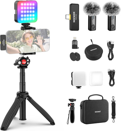 Vlogging kit voor telefoon voor iPhone en Android – Content creator kit – Podcast set – Telefoonstatief – Selfiestick – RGB videolicht 2500K-8500K met 20 effecten – Draadloze lavalier microfoon met ruisonderdrukking en 40 m bereik