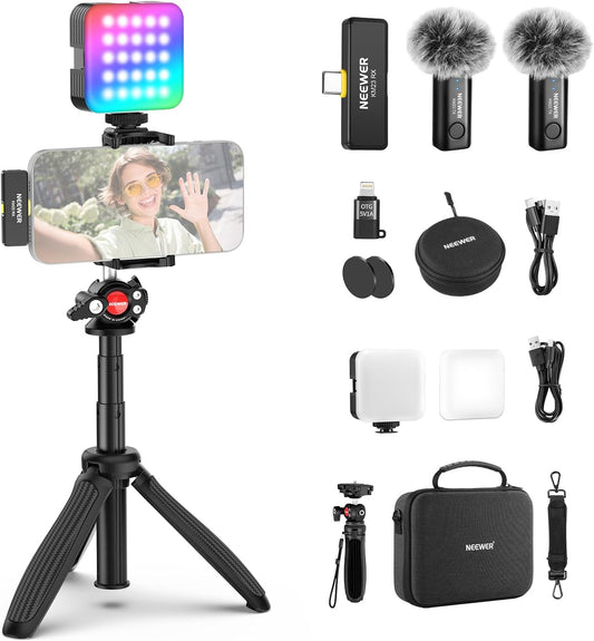 Vlogging kit voor telefoon voor iPhone en Android – Content creator kit – Podcast set – Telefoonstatief – Selfiestick – RGB videolicht 2500K-8500K met 20 effecten – Draadloze lavalier microfoon met ruisonderdrukking en 40 m bereik