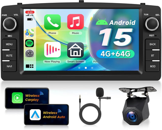 4G+64G Autoradio Android 15 für Toyota Corolla E120 2000-2007/E130 2004-2007/Altis E120 2000-2006/BYD F3 2006-2013,7'' HD Touchscreen mit Carplay Android Auto GPS Wi-Fi Bluetooth FM RDS Kamera