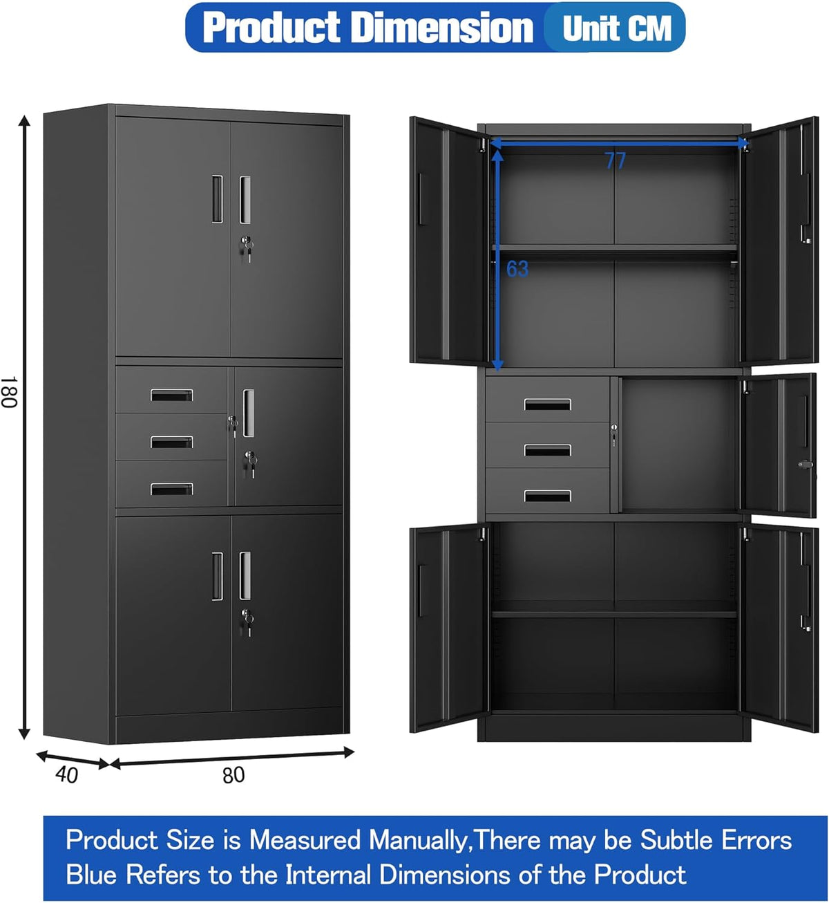 Metal Storage Cabinet with 5 Doors and 3 Drawers, Metal File Cabinet with Doors and Shelves, Steel Cabinet with Lock for Office, Warehouse, Home, 180 x 80 x 40 cm - QUORE