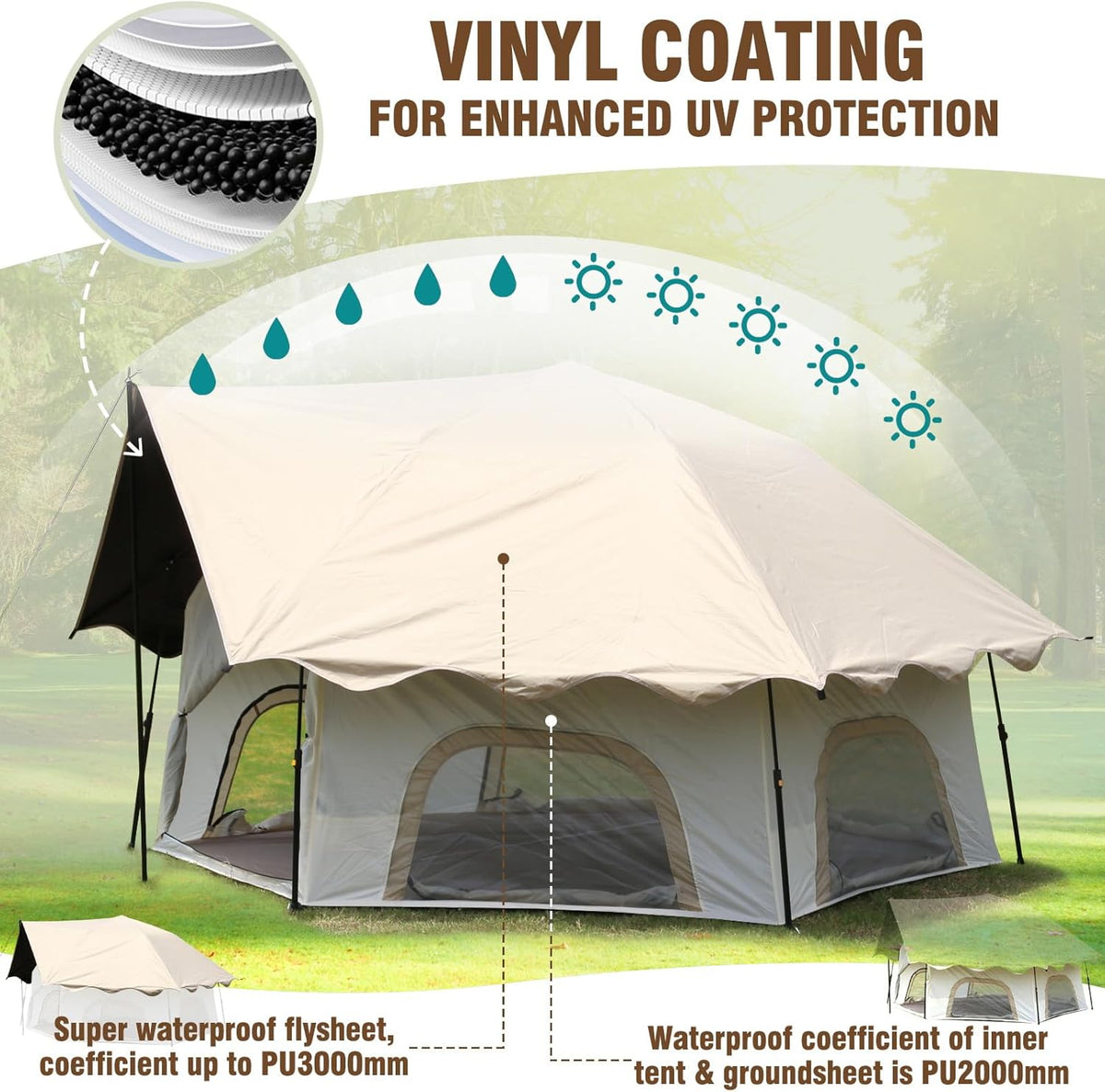 Chihee Pop-up staande tent, campingtent, familiekabinetent met luifel, veranda, 3-persoons, outdoortent met schermruimte, grote capaciteit, waterdicht en winddicht, eenvoudige opbouw, wandelen