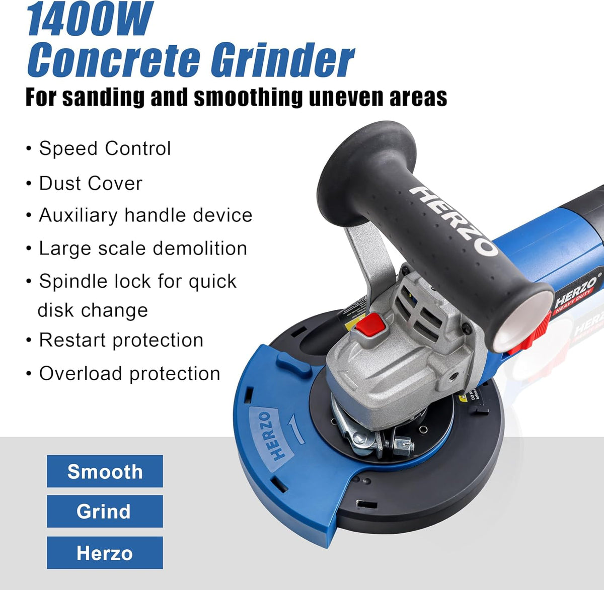 HERZO Betonschuurmachine, betonfrees, set met diamantslijpkop en afzuigkap, 1400 W (125 mm)