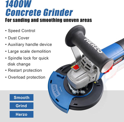 HERZO Betonschuurmachine, betonfrees, set met diamantslijpkop en afzuigkap, 1400 W (125 mm)
