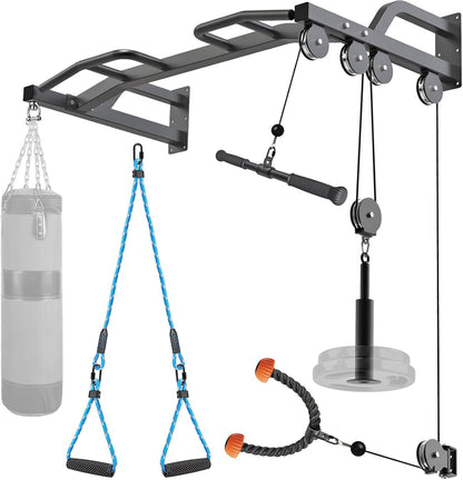 48" Wall Mounted Multifunction Cable Pulley System Gym, 48" Wall Mounted Pull Up Bar, Cable Machine LAT Pulldown Attachments, DIY Home Gym Pulley Cable Machine Attachment System, Punching Bag Hanr