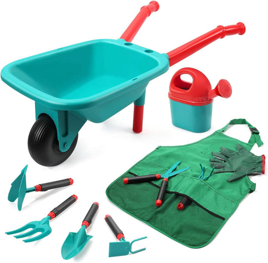 Kruiwagen - Kruiwagen voor Kinderen - Tuinset - met Gieter - Handschoenen - Handhark - Schep - Troffel - Schort - Binnen - Buiten - Speelgoed - voor Jongens - Meisjes - Kunststof - 65 x 24.8 x 35 cm - Turquoise
