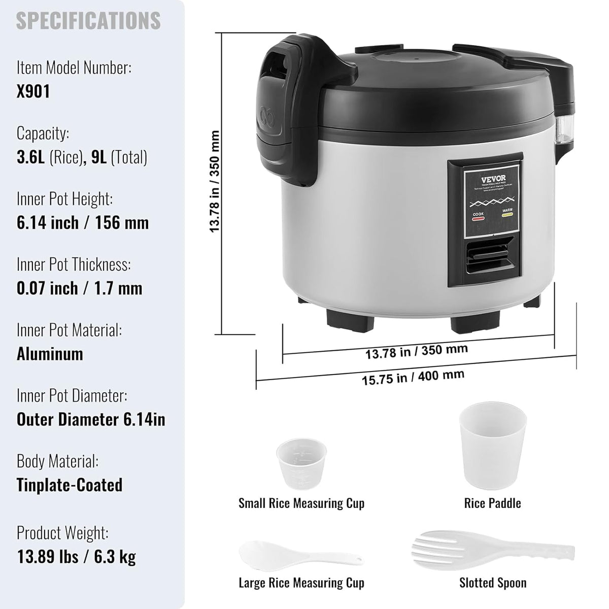 Commerciële Rijstkoker – Rijstwarmer – Voedselwarmer – Rijstpan – Rijstkoker Voor Restaurant – 9 Liter, 45 Kopjes – Antiaanbaklaag, Automatische Warmhoudfunctie 12 Uur