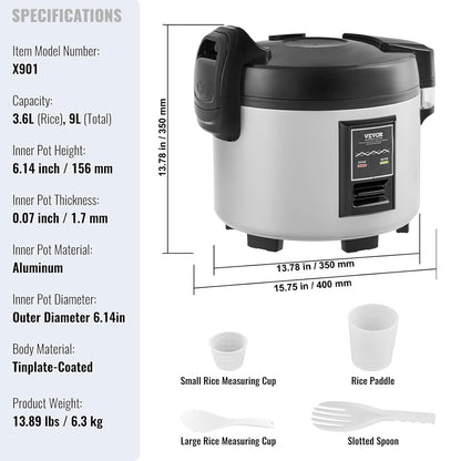 Commerciële Rijstkoker – Rijstwarmer – Voedselwarmer – Rijstpan – Rijstkoker Voor Restaurant – 9 Liter, 45 Kopjes – Antiaanbaklaag, Automatische Warmhoudfunctie 12 Uur