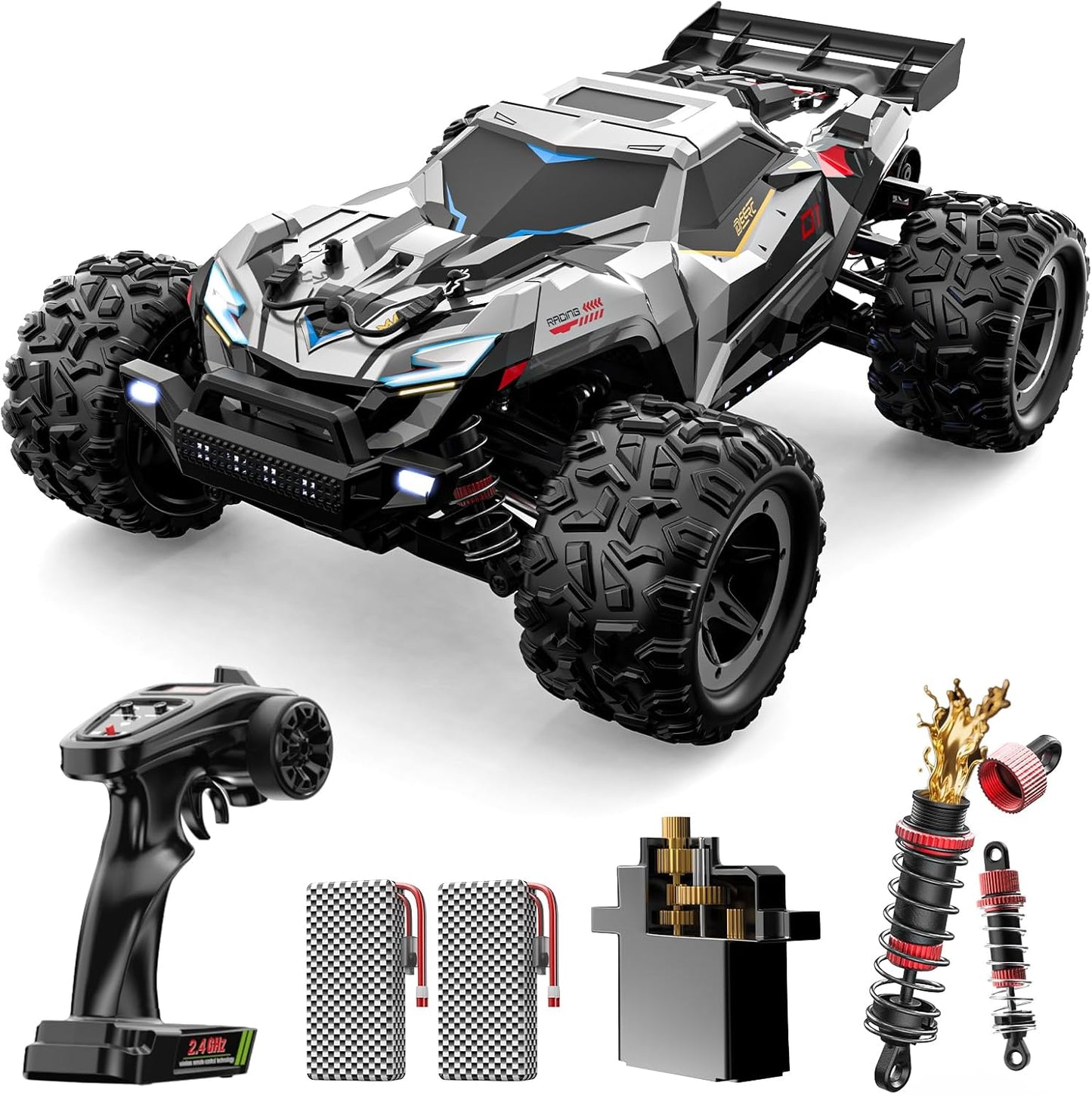 DEERC Snelle borstelloze RC-auto's voor jongens en volwassenen, 1:18 RC off-road vrachtwagen, 4 x 4 off-road race meca, 50 minuten, waterdichte op afstand bestuurde monstertruck, compatibel met