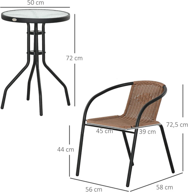 Tuinstoelen - Tuinmeubelenset - Tuin Eettafelstoelen - Rotan Bistroset - Moderne Stijl - Stapelbaar - Weerbestendig - Stabiel - Onderhoudsvriendelijk - 50 x 72 cm Tafel - 56 x 58 x 72.5 cm Stoel - Bruin