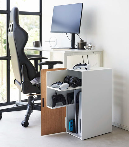 Yamazaki 2109 TOWER Game Console Organizer, white, Steel/Wood/Magnet/Silicone, 24.7 x 36.5 x 60.3 cm