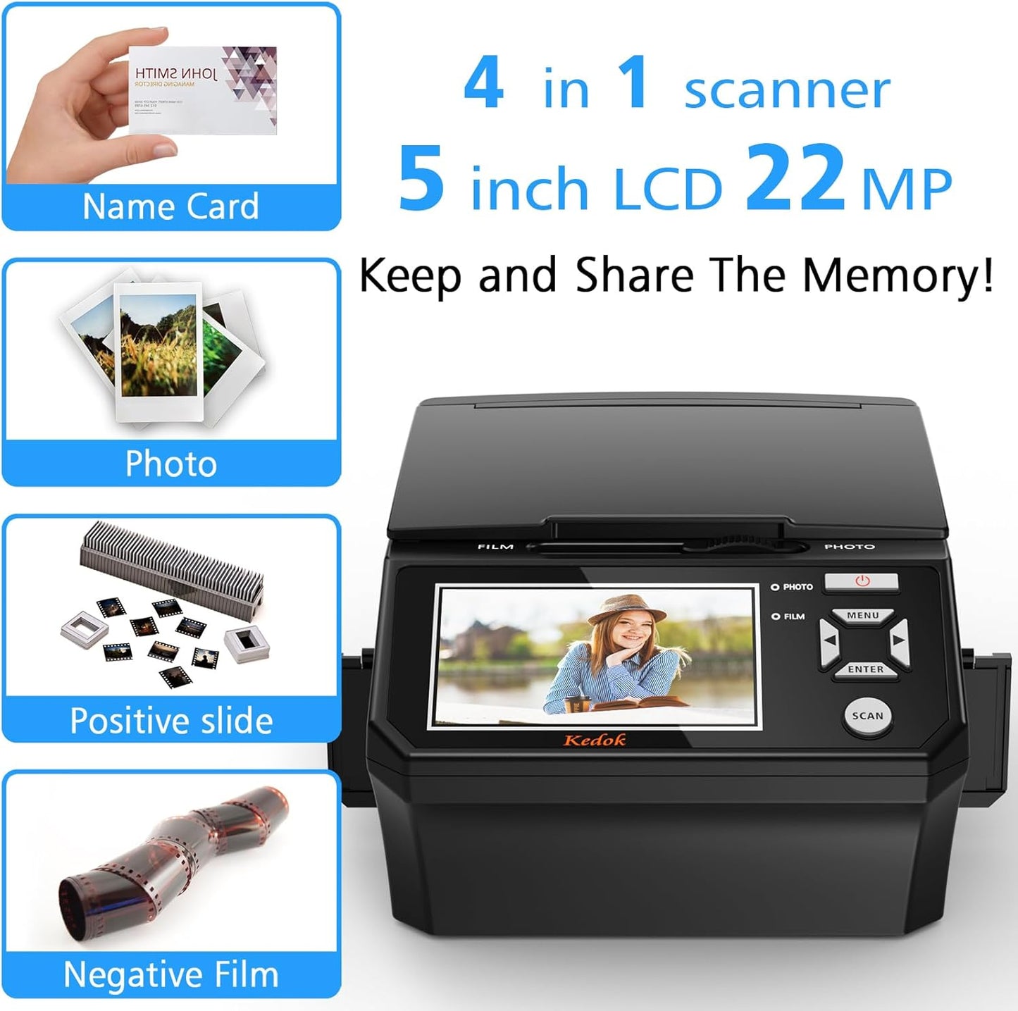 Digitale film- en diascanner - met 5 inch LCD-scherm, converteert 35 mm en 110 mm films, foto's en visitekaartjes in 22 MP JPEG hoge resolutie 8 GB SD-kaart