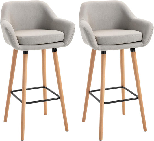 HOMCOM Set of 2 Bar Stools, Linen Bar Chairs with Seat Cushion, Kitchen Stools, Bistro Stools with Footrests, Beech Wood Legs Counter Stools for Living Room, Dining Room, Beige, 55 x 48 x 100 cm - QUORE