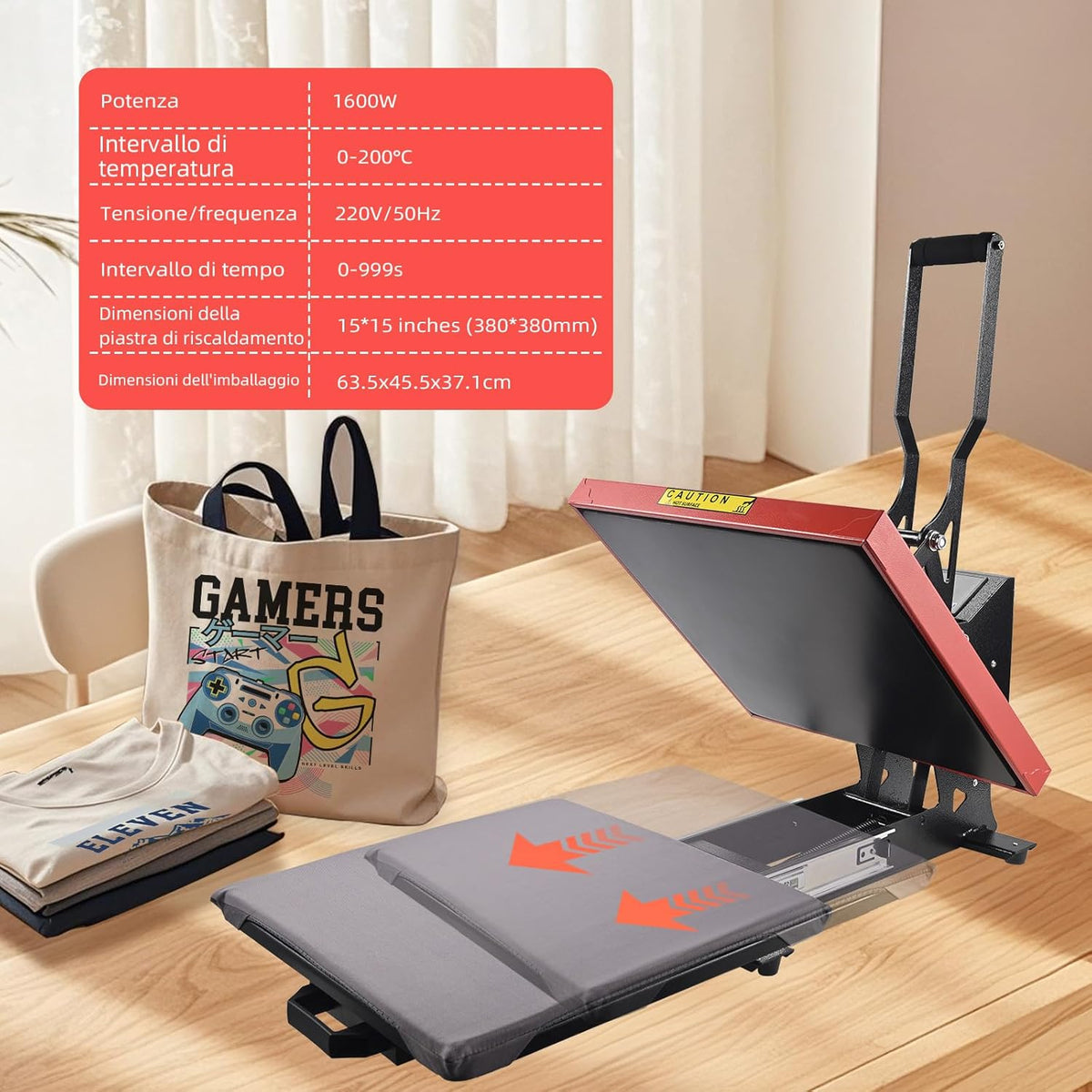 ColorSub Digital Hot Press 38 x 38 cm (15 x 15 inch) 1600 W, Teflon Hot Press, T-shirt, kleding, tas met transfer