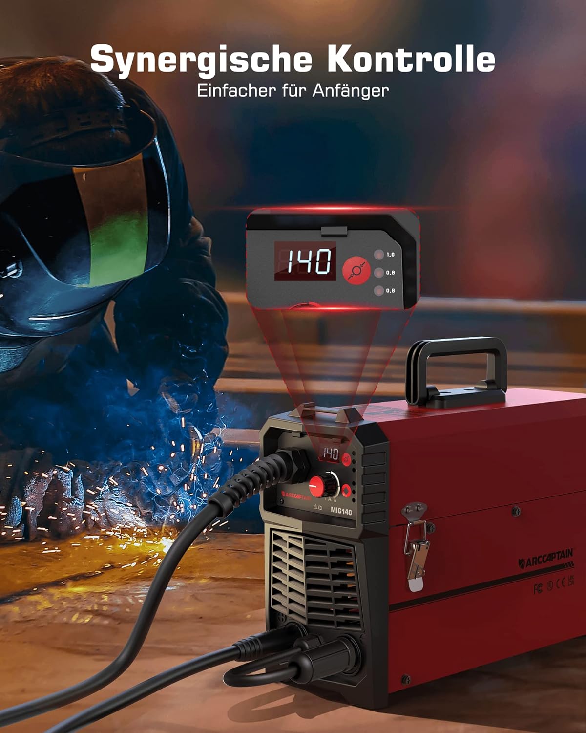 ARCCAPTAIN MIG MAG lasapparaat onder beschermend gas met IGBT 140A AC230V, 5-in-1 soldeerstation met vuldraad FLUX/MMA E-Hand/Lift TIG met synergetische draaddispenser en 1 kg 0,8 mm gevulde draad