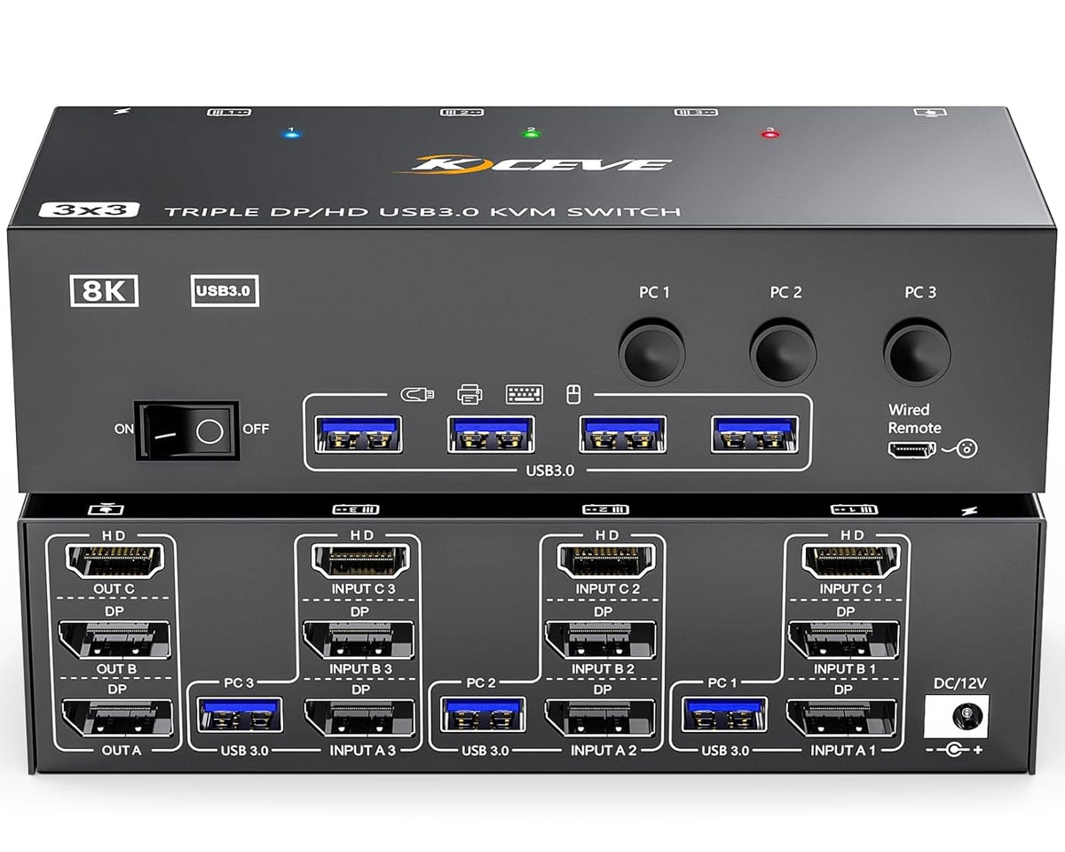 USB 3.0 KVM Switch 3 PC 3 Monitoren 8K@60Hz 4K@144Hz, HDMI+2 DisplayPort MLEEDA KVM Switch 3 Monitor Voor 3 PC Share 3 Monitoren en 4 USB 3.0 Apparaten met 12 V Voeding, Kabelcontroller, 3 * USB Kable