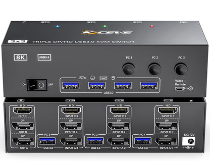 USB 3.0 KVM Switch 3 PC 3 Monitoren 8K@60Hz 4K@144Hz, HDMI+2 DisplayPort MLEEDA KVM Switch 3 Monitor Voor 3 PC Share 3 Monitoren en 4 USB 3.0 Apparaten met 12 V Voeding, Kabelcontroller, 3 * USB Kable