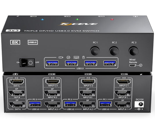 USB 3.0 KVM Switch 3 PC 3 Monitoren 8K@60Hz 4K@144Hz, HDMI+2 DisplayPort MLEEDA KVM Switch 3 Monitor Voor 3 PC Share 3 Monitoren en 4 USB 3.0 Apparaten met 12 V Voeding, Kabelcontroller, 3 * USB Kable