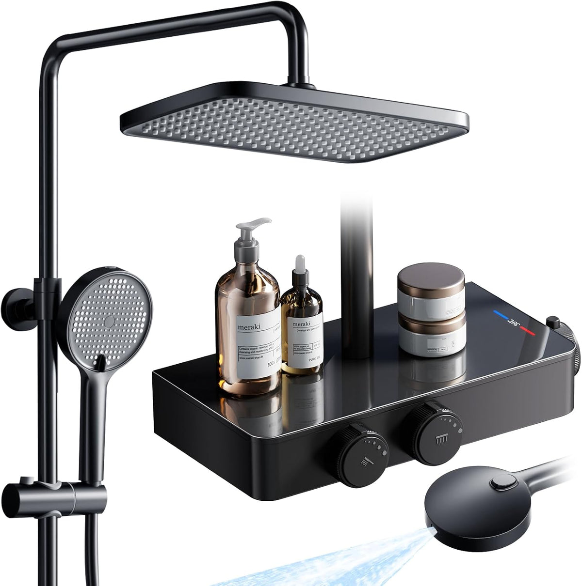 Douche Systeem – Thermostaatkraan – Regendouche – Handdouche – Douche Set – Matzwart – Constante Watertemperatuur 38°C – Verstelbare Draaibare Regendouche 360°
