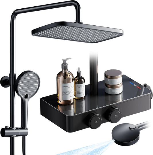 Douche Systeem – Thermostaatkraan – Regendouche – Handdouche – Douche Set – Matzwart – Constante Watertemperatuur 38°C – Verstelbare Draaibare Regendouche 360°