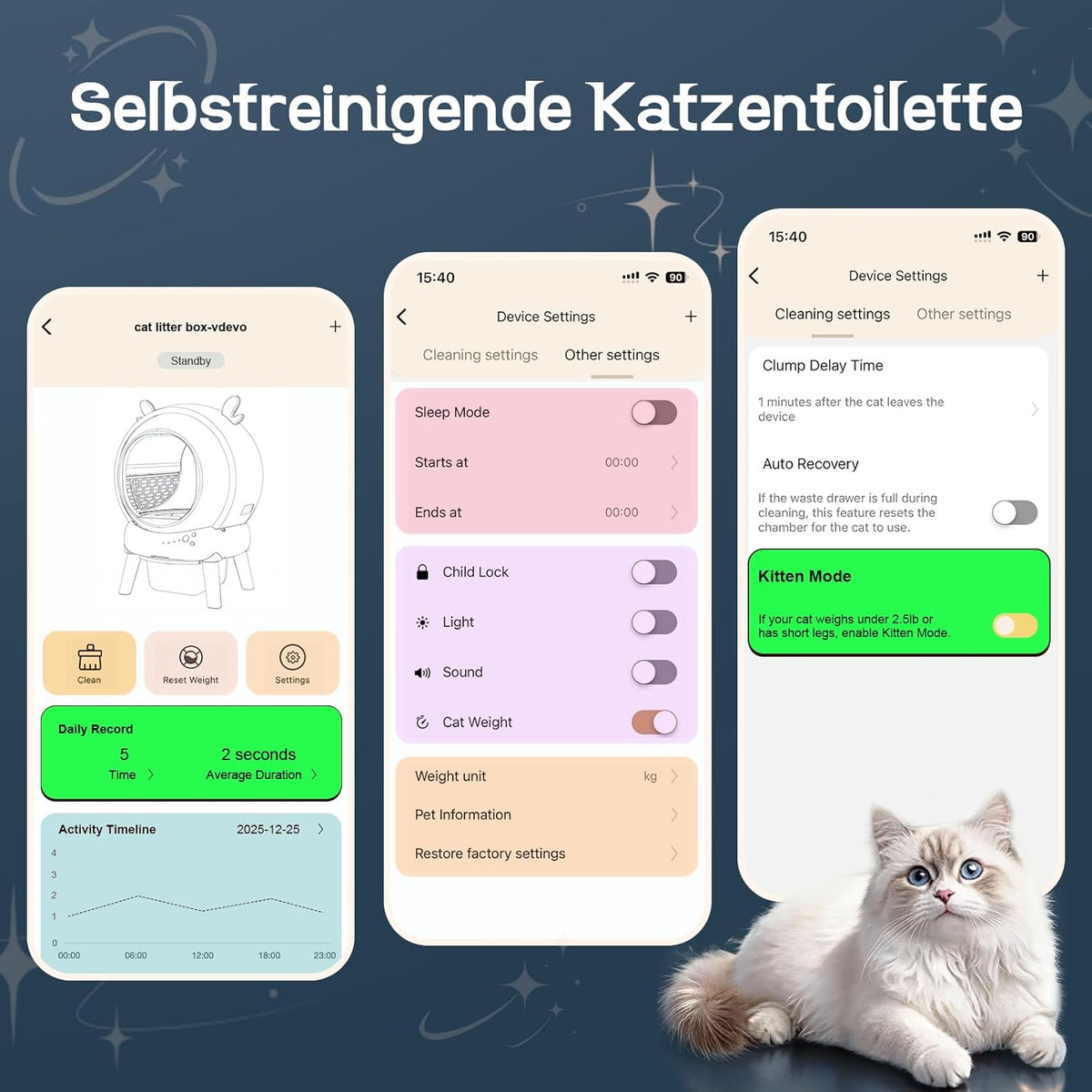 Zelfreinigende kattenbak, 65 liter, elektrische kattenbak met 9 veiligheidssensoren, 2,4 GHz app-bediening, automatische kattenbak, inklembeveiliging, veilige kattenbak, automatisch voor meerdere