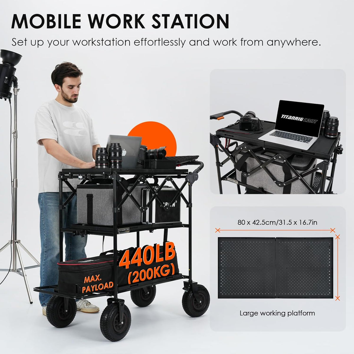 TARION Videoproductie Camera Cart: Opvouwbare winkelwagen voor fotograaf Quick Release met 360 ° draaibare wielen voor filmstudio podiumverlichting opslag digitale technische kar laadvermogen tot 20