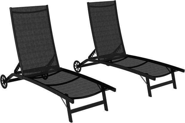 Ligstoel - Tuinligstoel - Set van 2 - Ligbed - met Wielen - Verstelbaar Rugleuning - Weerbestendig - voor Tuin - Zwembad - Strand - Aluminium - Textiel - 66 x 165 x 102 cm - Zwart