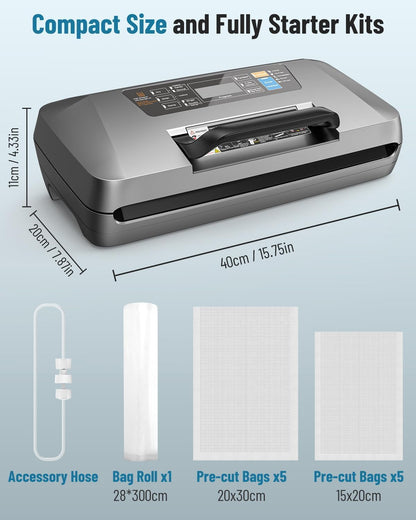 Vacuümmachine Profi, 95kPa 12-in-1 vacuümverpakker voor levensmiddelen, ondersteuning voor non-stop vacuümverpakking, dubbele lasnaad, bediening met één hand, inclusief 1 rol vacuümfolie & 10