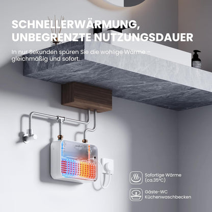 COMFEE CWH3.5EA1W Mini-doorstroomboiler, 3,6 kW, voor wastafel, elektrische doorstroomboiler, klein, 230 V onderbouw, elektronisch geregeld, drukvast, onmiddellijke warmwaterbereiding, ruimtebesparend