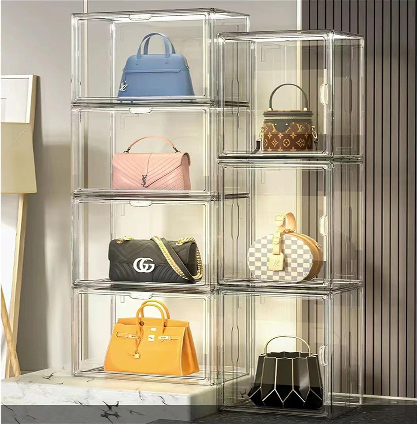 Acryl vitrine doorzichtige handtas opslag organizer voor kast, stapelbare tas organizer met magnetische deur voor portemonnee, cosmetica, speelgoed (9)