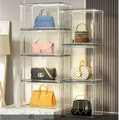 Acryl vitrine doorzichtige handtas opslag organizer voor kast, stapelbare tas organizer met magnetische deur voor portemonnee, cosmetica, speelgoed (9)