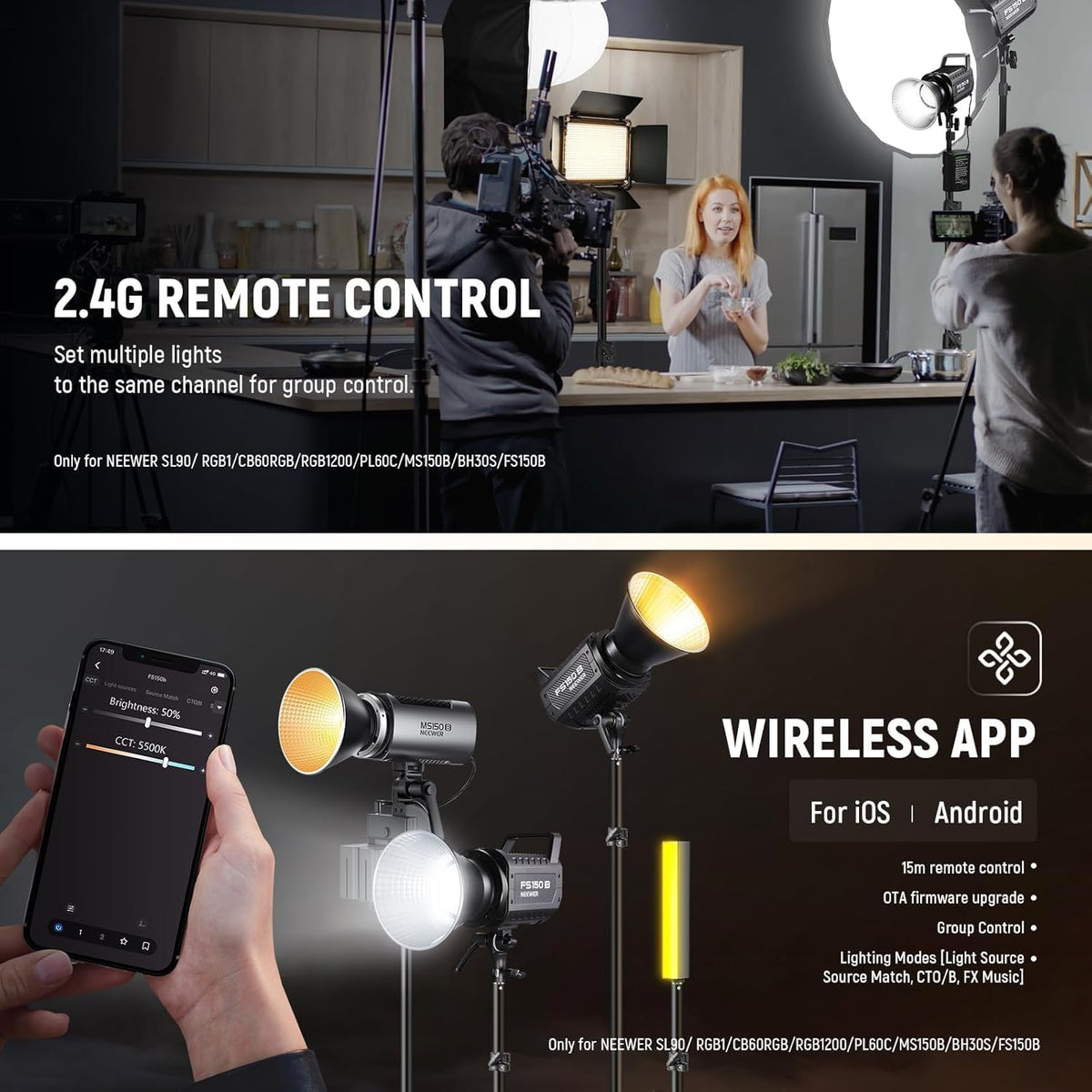 Videolamp – Led Videolicht – Studiolamp – COB Led Lamp – Continu Licht – 130 W, Tot 72.000 Lux Op 1 M – Tweekleurig 2700K-6500K, 12 Effecten