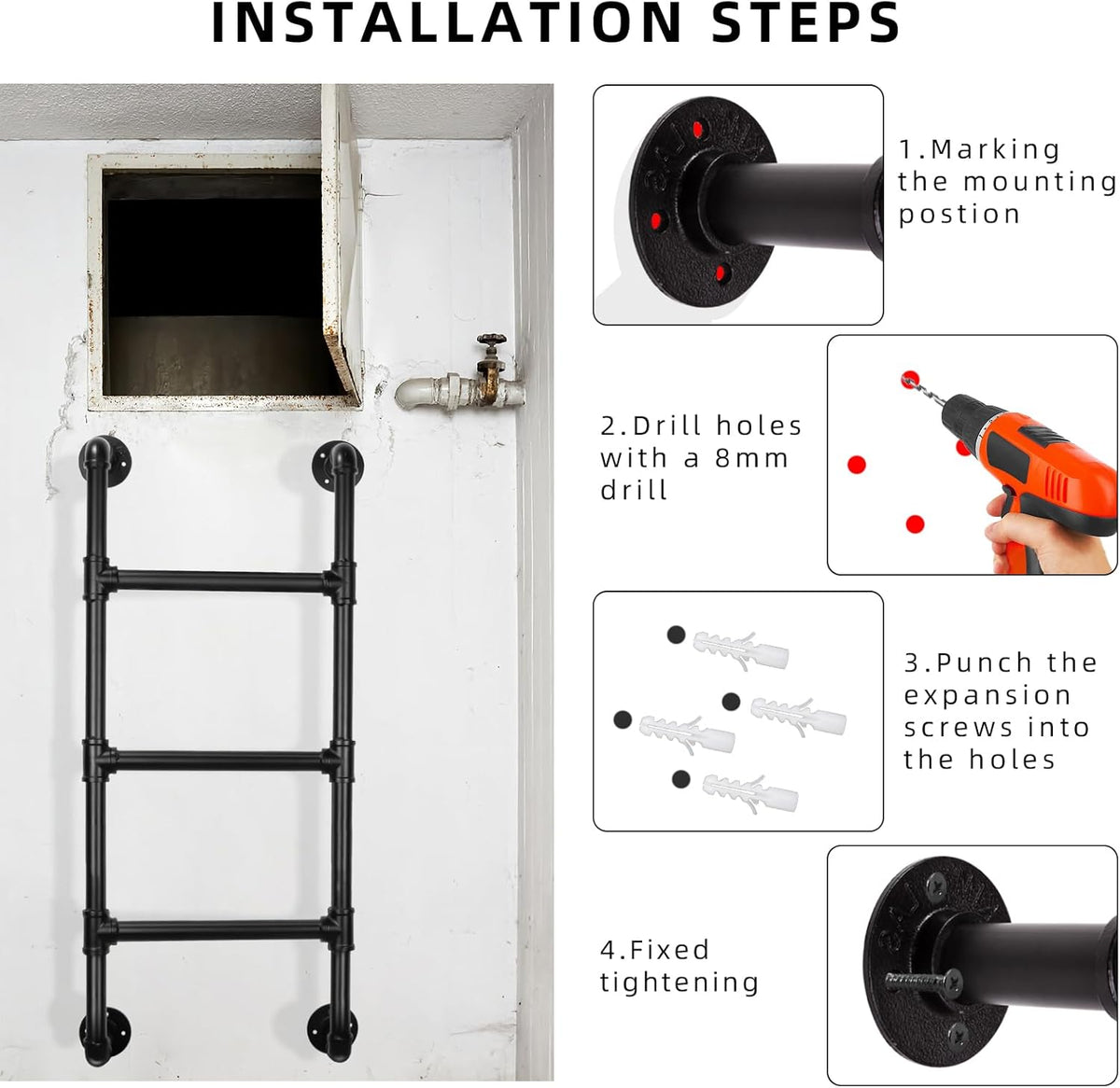 Stapelbed ladder met 5 treden, 15 x 3 m, wandmontage, kelder, raam, fontein, ladder, zwart smeedijzer, industriële buis, step-ladds, metalen binnenladders voor buiten