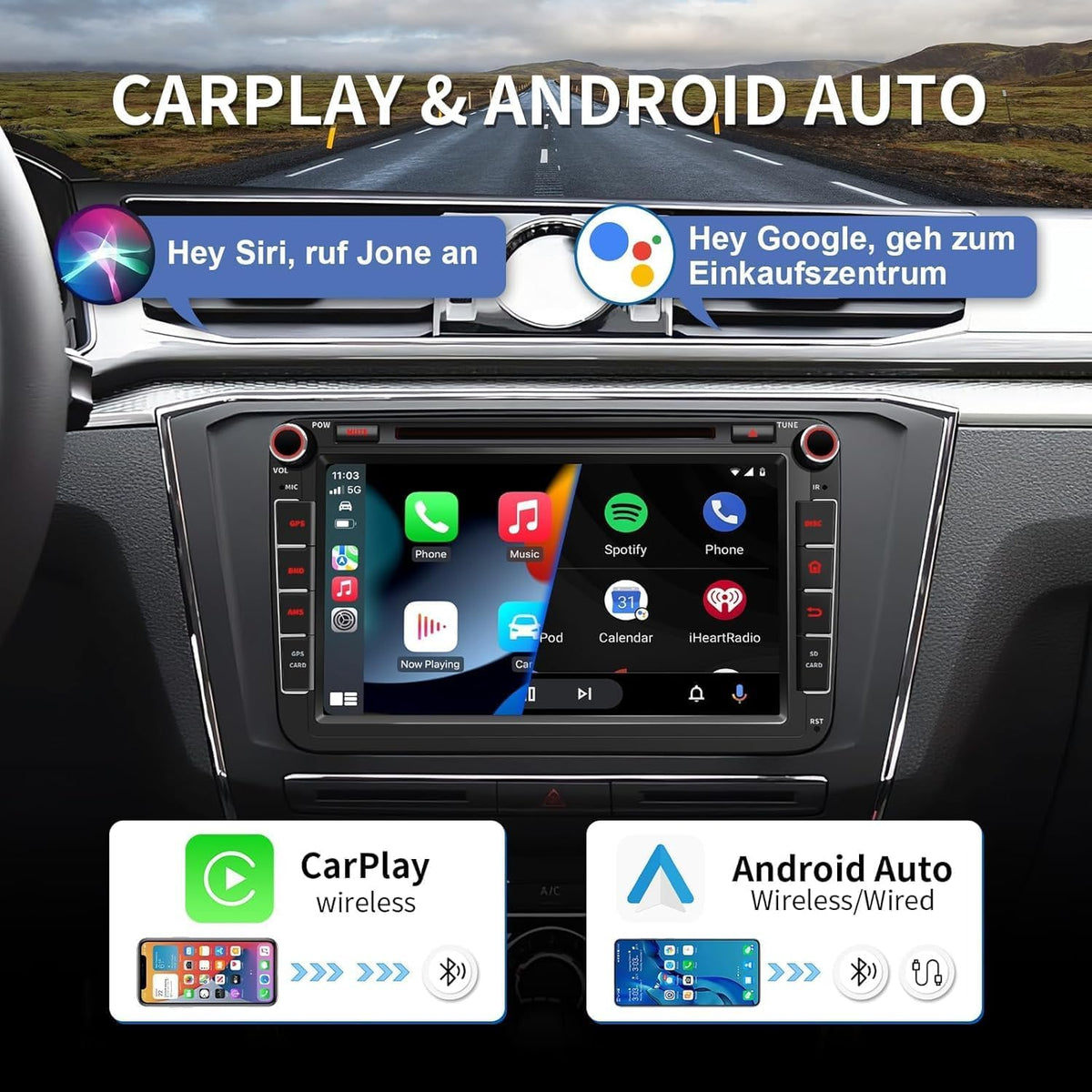 8 inch 4G + 64G Android 14 autoradio met navigatie voor VW T5 Golf 5 6 Polo Sharan Seat Passat Tiguän, dubbele DIN-radio, IPS-scherm, mediareceiver met CarPlay Android Auto Bluetooth PDC RDS-CD
